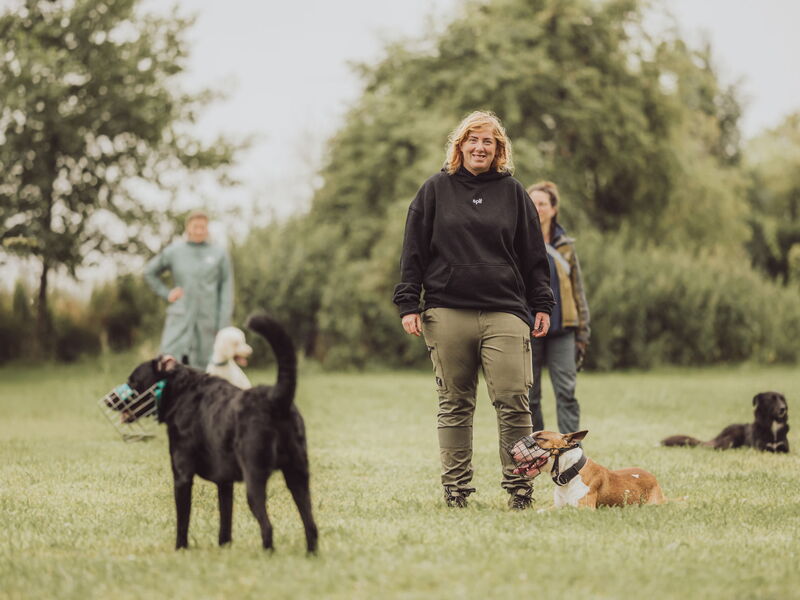 Hundetrainerin Sophia Tumat steht auf dem Hundeplatz. Um sie herum stehen und liegen 3 Hunde.