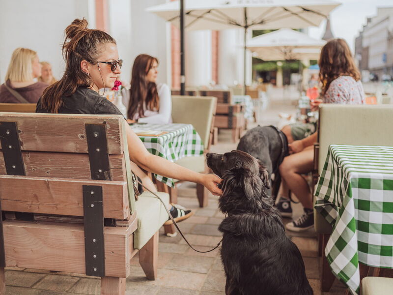 Eine Frau sitzt am Tisch in einem Restaurant und krault einem sitzenden Hund am Kinn.